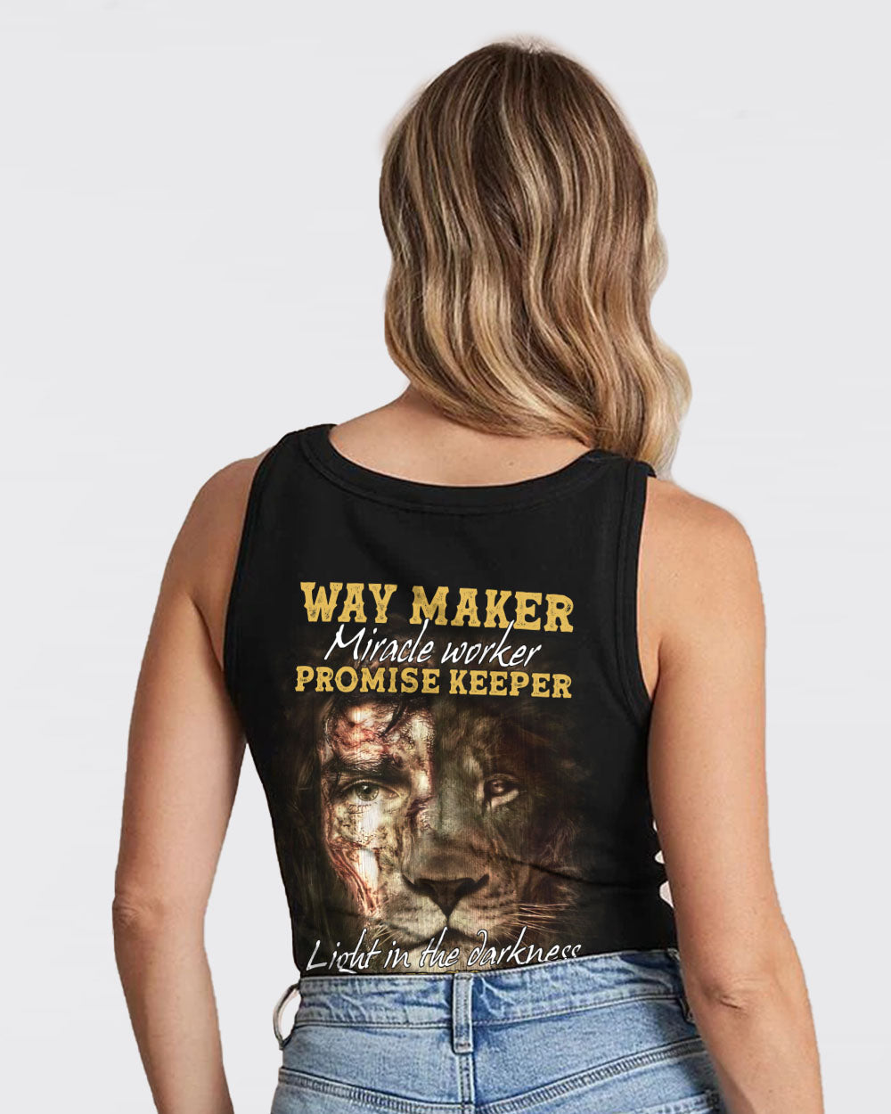 Way Maker Miracle Worker Vintage Lion Jesus Half Face Women's Christian Tanks