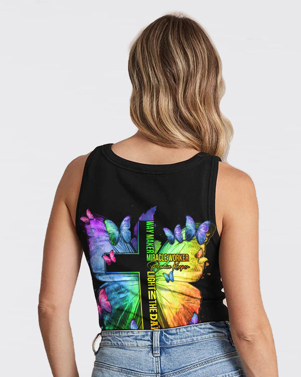 Way Maker Miracle Worker Butterfly Half Cross Text Women's Christian Tanks