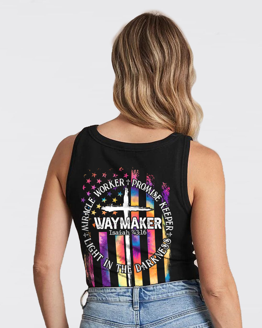 Way Maker Miracle Worker Flag Tie Dye Women's Christian Tanks