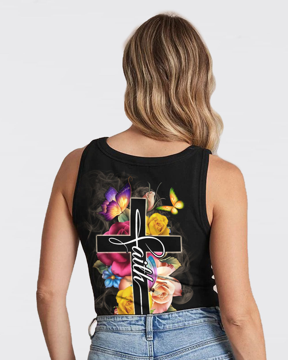 Faith Flowers Cross Butterfly Smoke Women's Christian Tanks