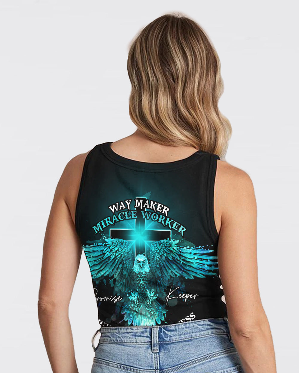 Way Maker Miracle Worker Teal Eagle Cross Women's Christian Tanks