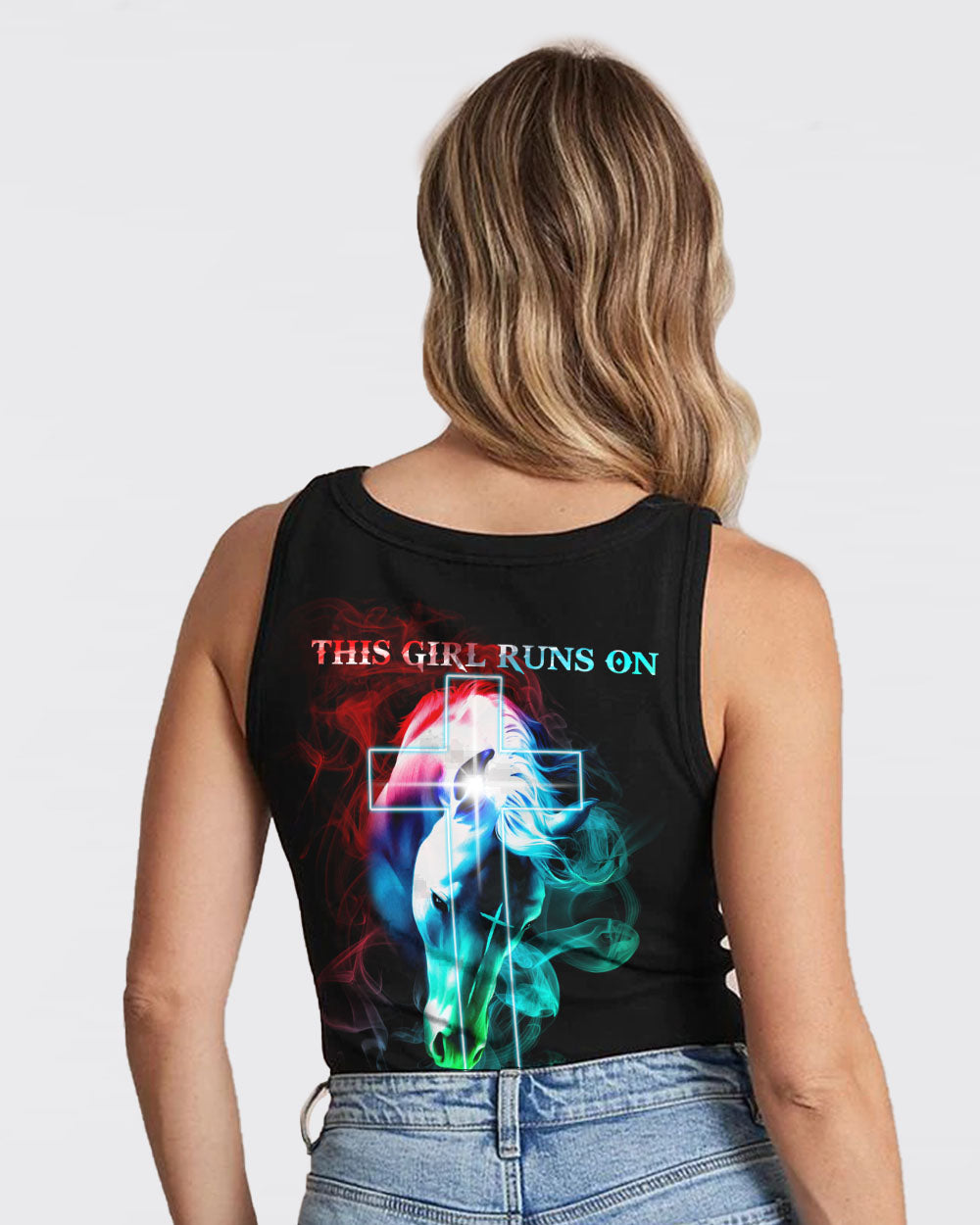 This Girl Runs On Jesus And Horse Colorful Smoke Women's Christian Tanks