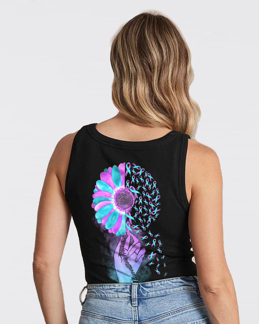 Colorful Ribbon Half Flower Smoke Women's Suicide Prevention Awareness Tanks