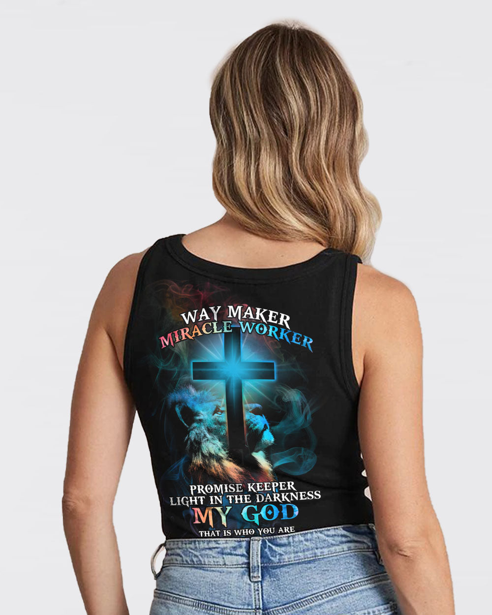 Way Maker Miracle Worker Lion Cross Light Colorful Women's Christian Tanks