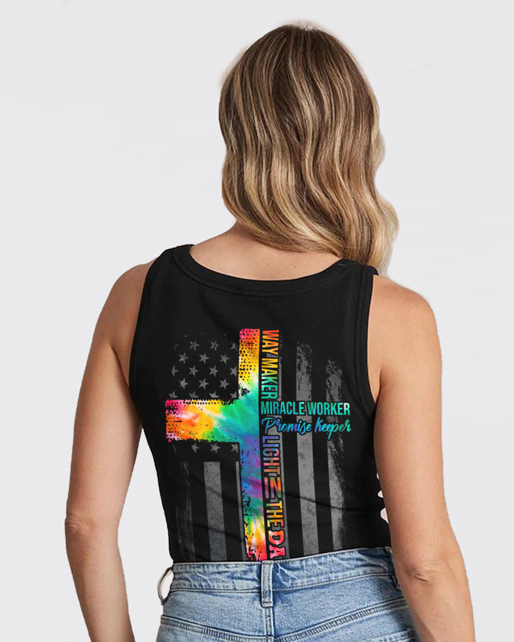 Way Maker Miracle Worker Tie Dye Cross Half Text Women's Christian Tanks