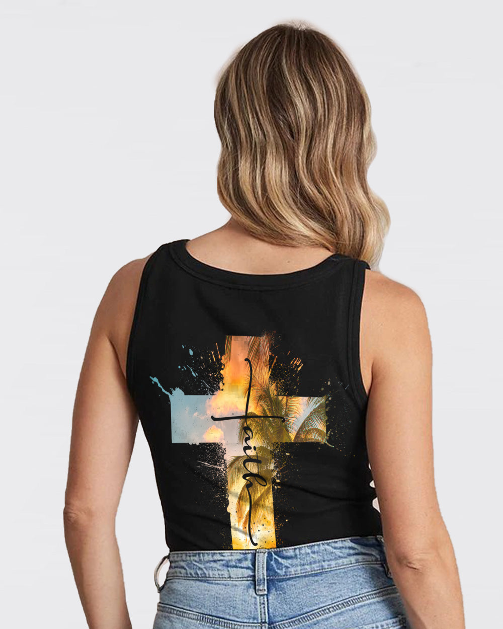 Faith Cross Sunset Beach Watercolor Women's Christian Tanks