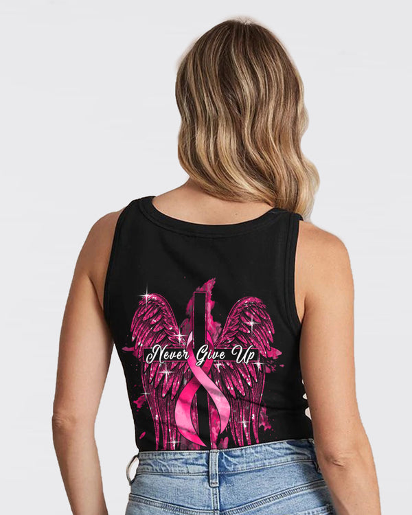 Never Give Up Glitter Wings Women's Breast Cancer Awareness Tanks