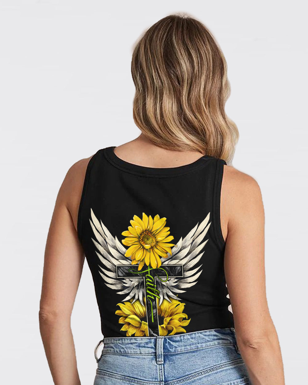 Painting Sunflower Cross Faith Wings Women's Christian Tanks