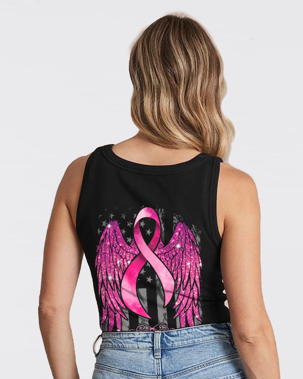 Never Give Up Glitter Wings Ribbon Women's Breast Cancer Awareness Tanks