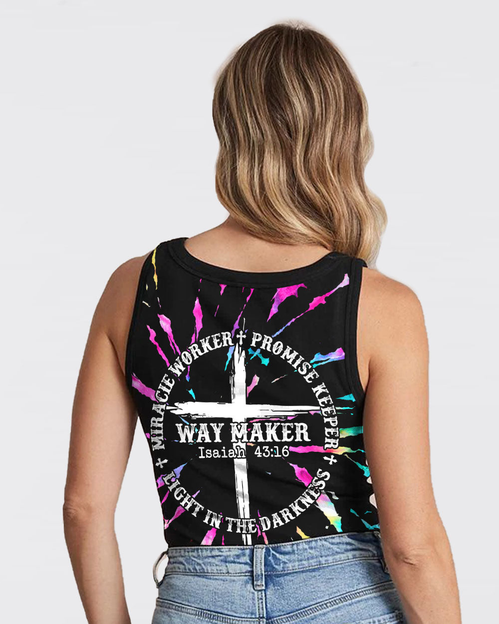 Way Maker Miracle Worker Promise Keeper Circle Tie Dye Women's Christian Tanks