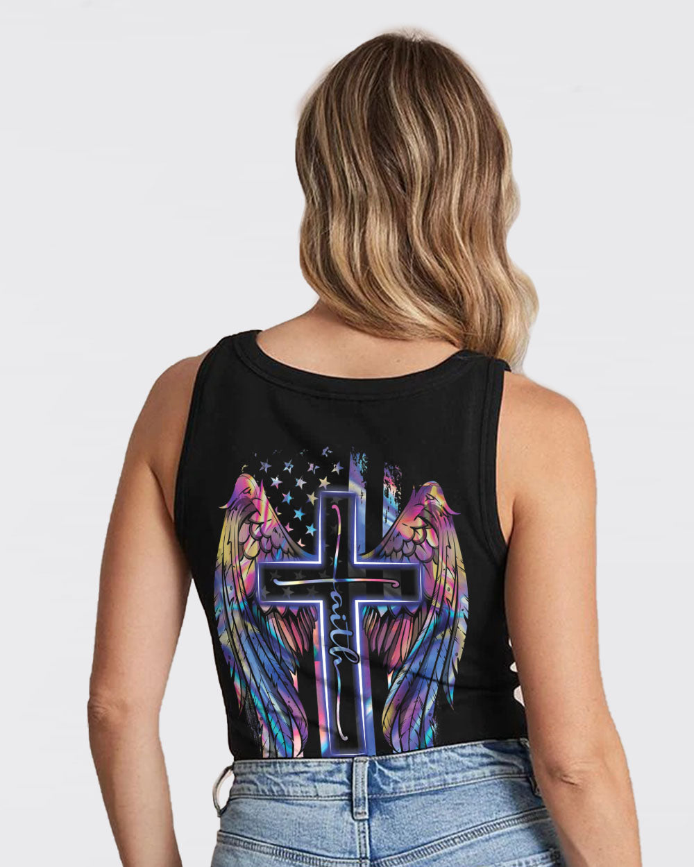 Faith Cross Wings Hologram Flag Women's Christian Tanks