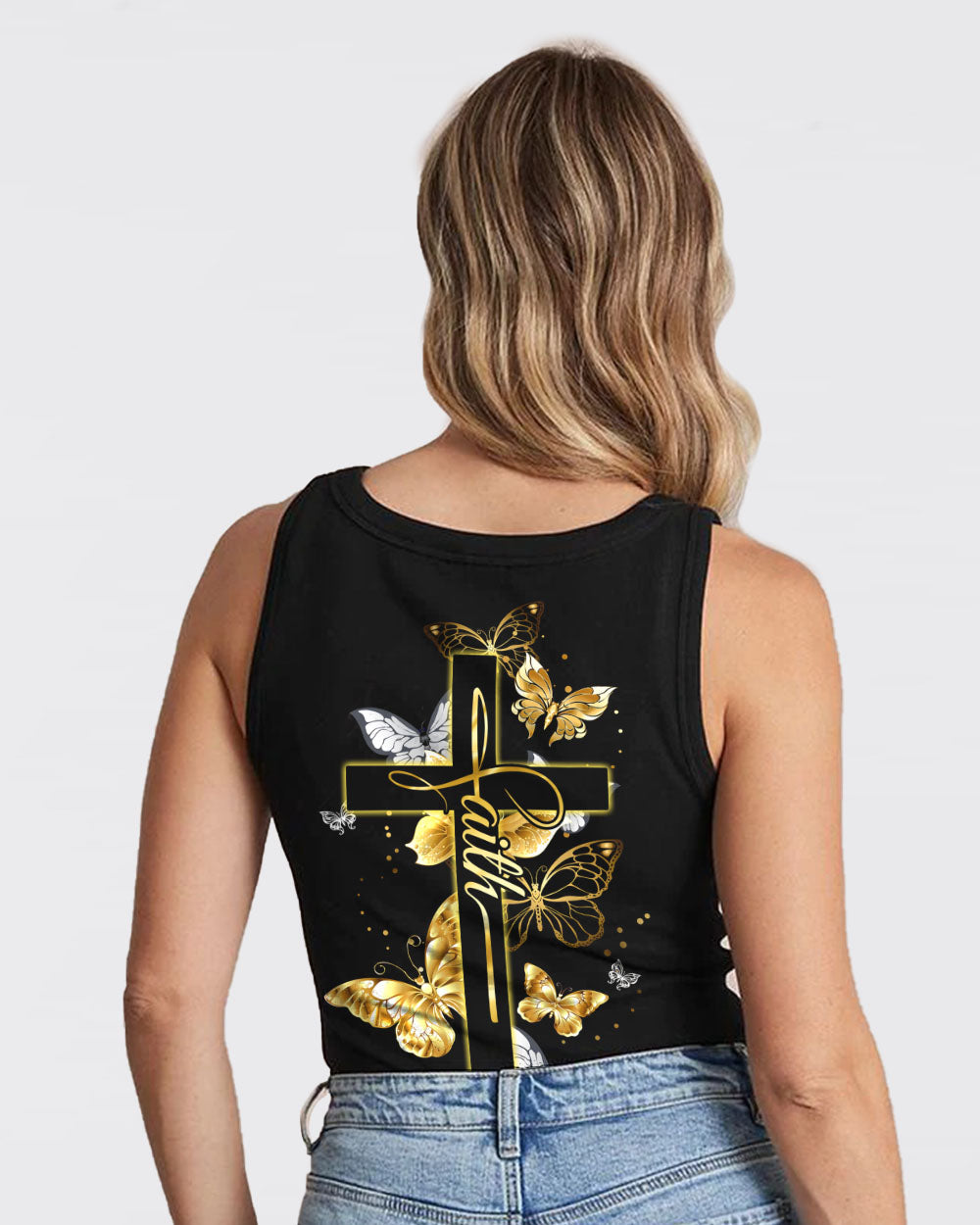Faith Cross Gold Butterfly  Women's Christian Tanks