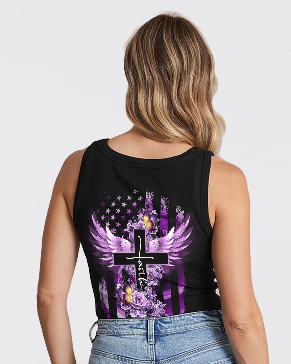 Purple Butterfly Rose Cross Faith Flag Women's Christian Tanks