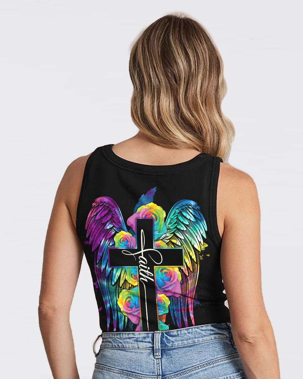 Cross Rose Wings Colorful Women's Christian Tanks