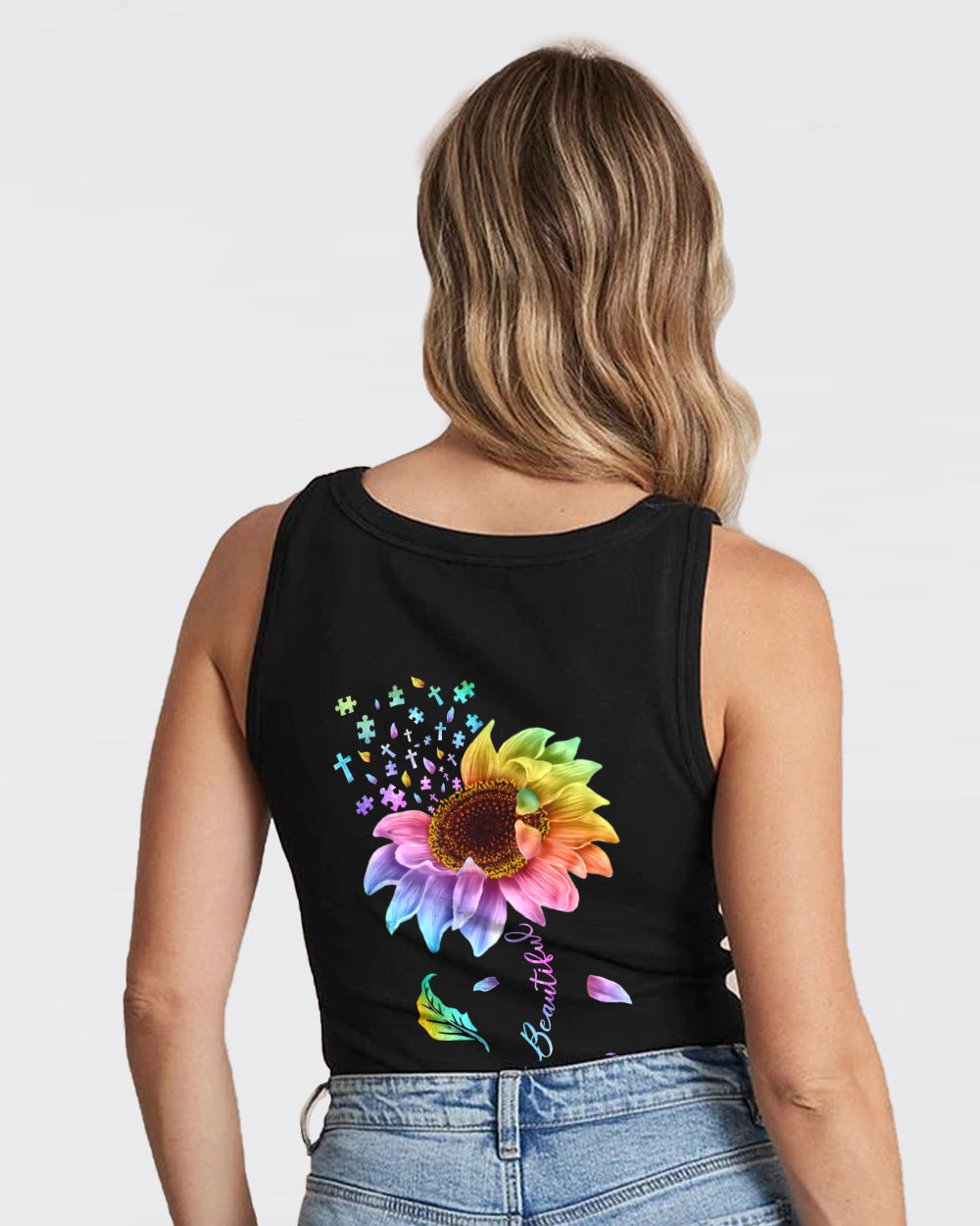 Different Is Beautiful Rainbow Sunflower Women's Autism Awareness Tanks