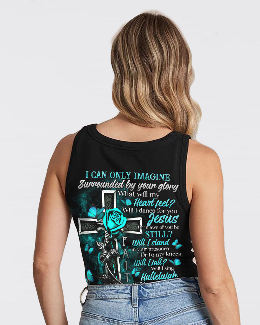 I Can Only Imagine Teal Rose Cross Women's Christian Tanks