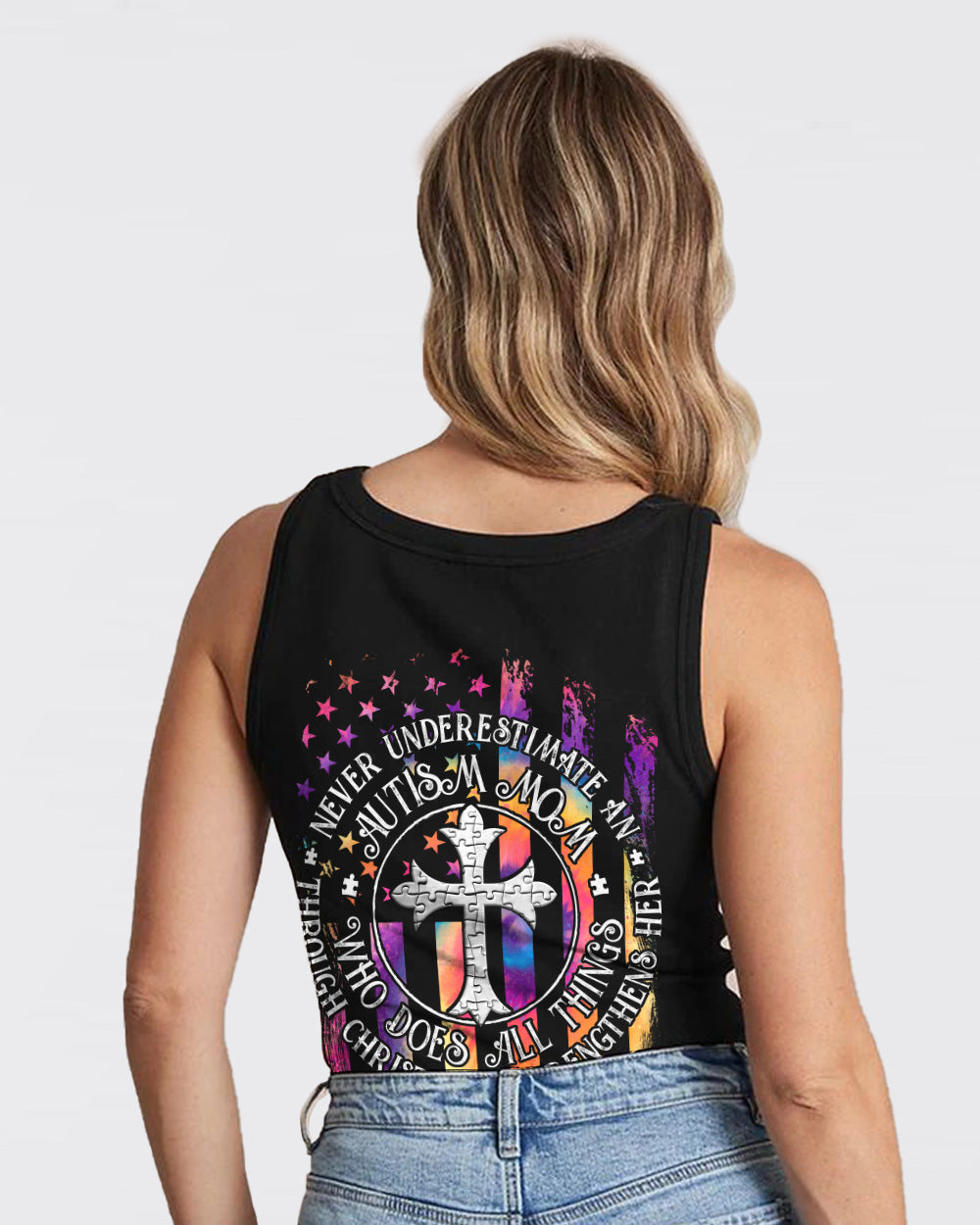 Never Underestimate An Autism Mom Colorful Flag Women's Autism Awareness Tanks