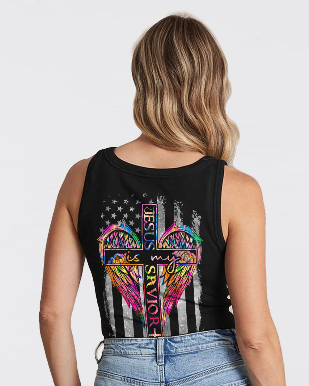 Jesus Is My Savior Colorful Wings Flag Women's Christian Tanks