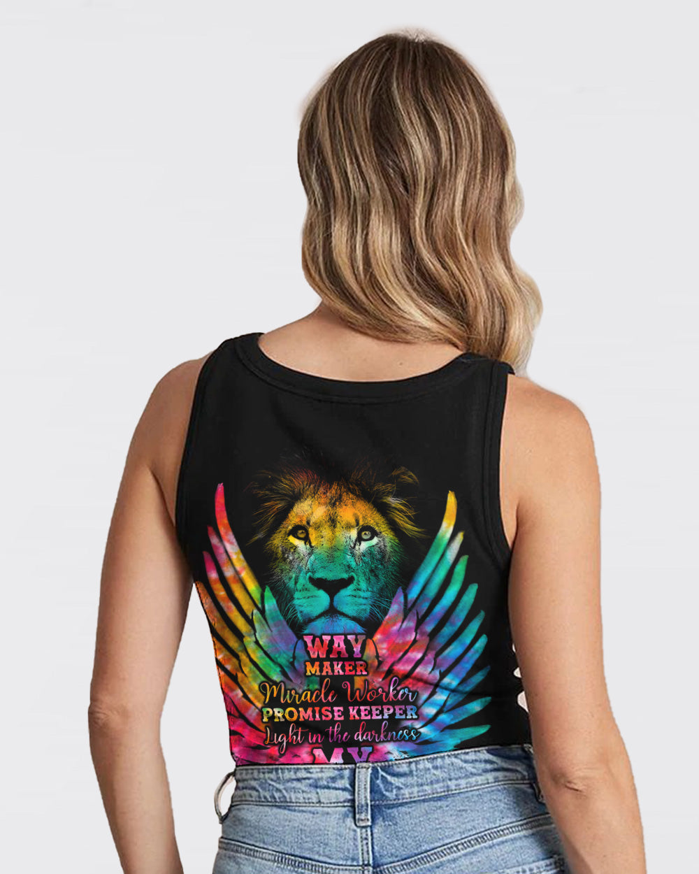 Way Maker Miracle Worker Promise Keeper Life In The Darkness Colorful Lion Wings Women's Christian Tanks