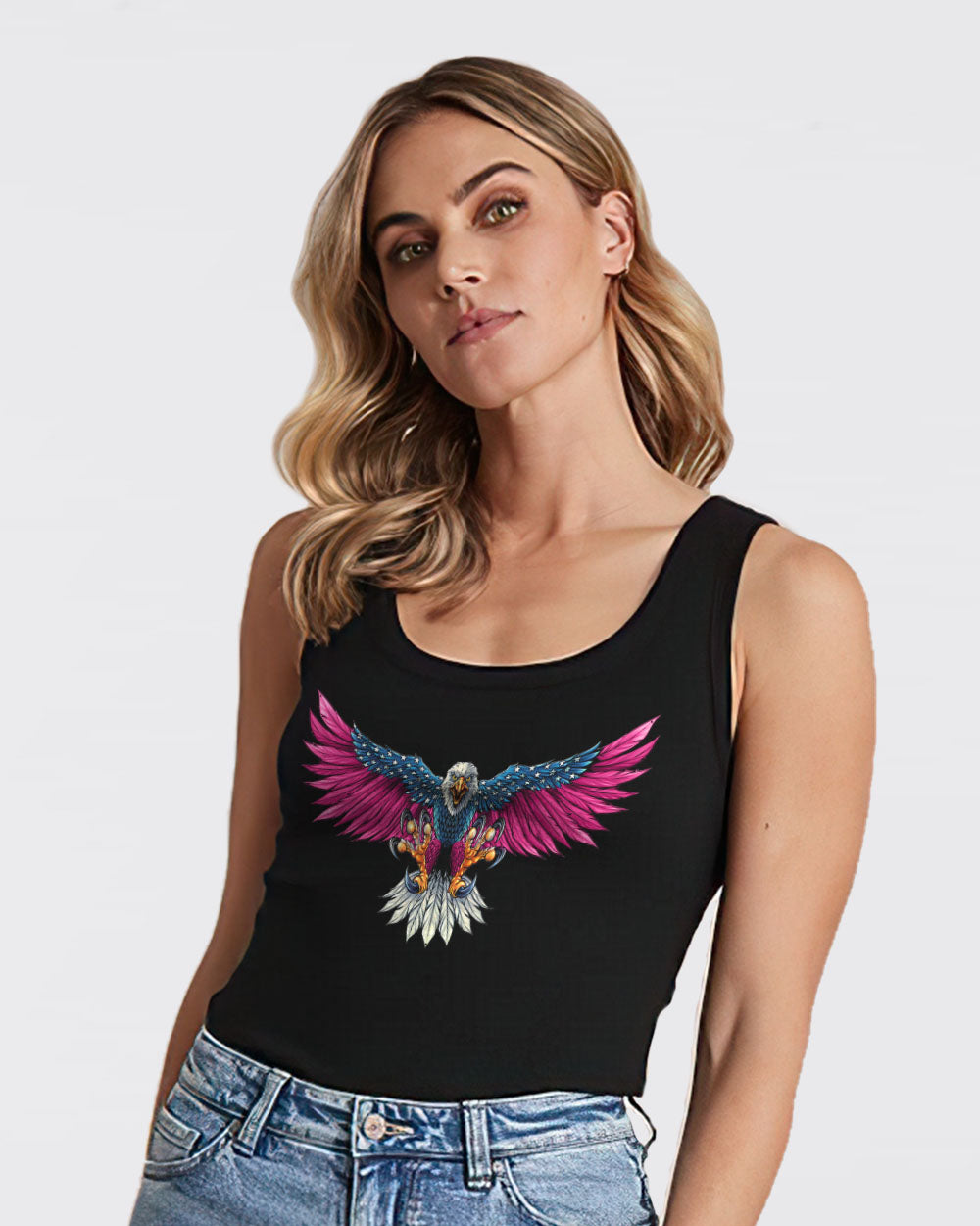 Be Stronger Than The Storm Eagle With Flag Women's Breast Cancer Awareness Tanks