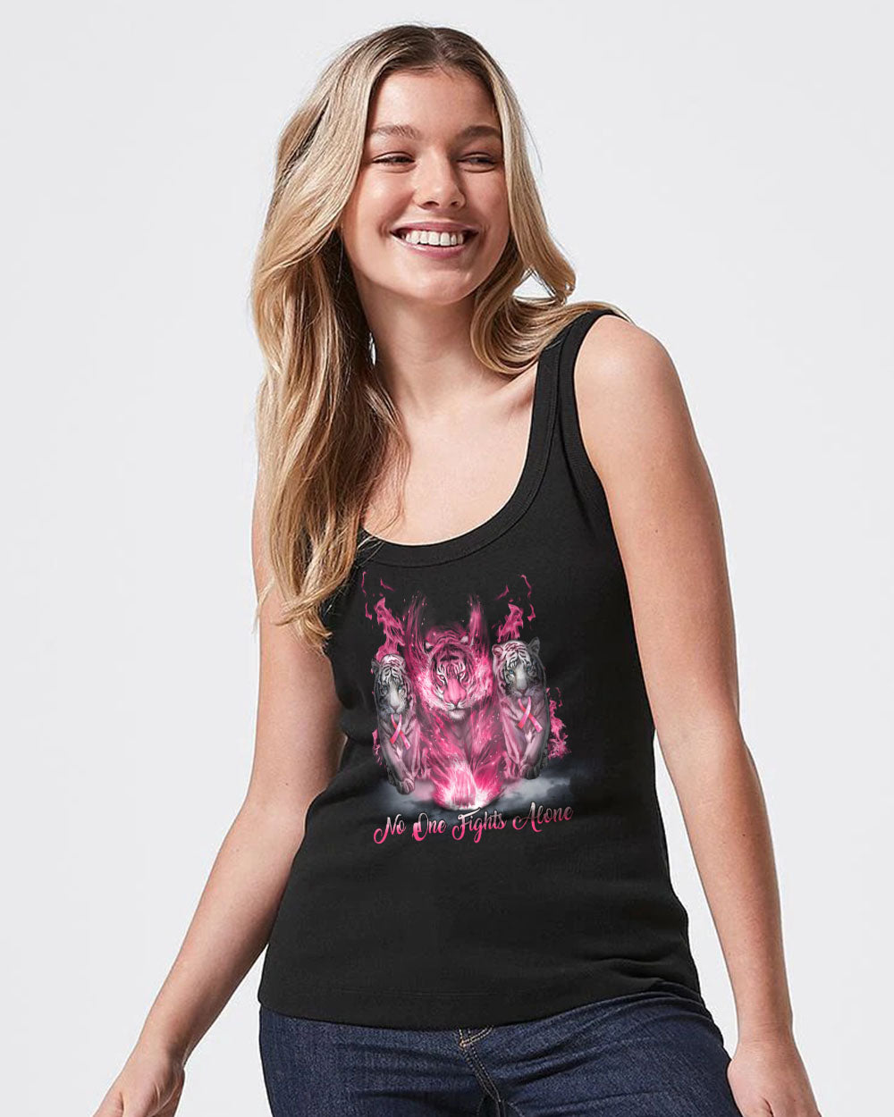 No One Fights Alone Pink Tiger Women's Breast Cancer Awareness Tanks