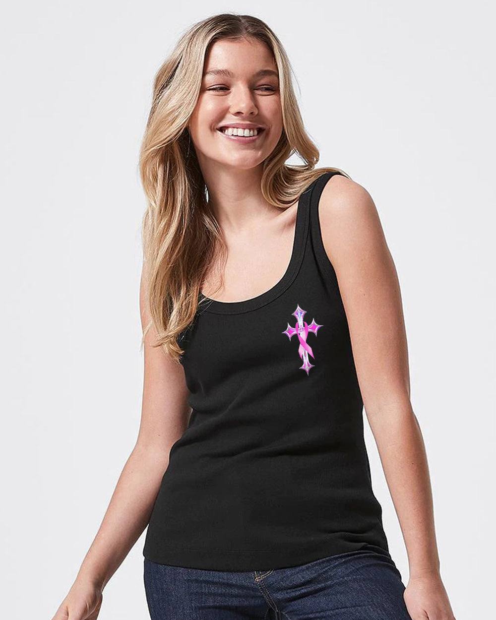 Faith Hope Love Cross Cancer Pink Holo Ribbons Flag Women's Breast Cancer Awareness Tanks