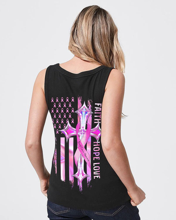 Faith Hope Love Cross Cancer Pink Holo Ribbons Flag Women's Breast Cancer Awareness Tanks