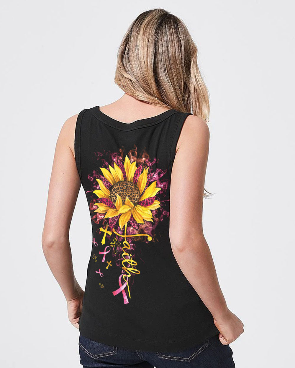 Faith Leopard Sunflower Women's Breast Cancer Awareness Tanks