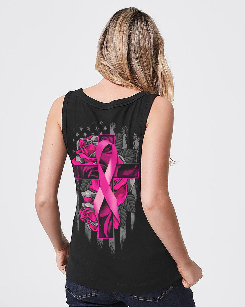 Rose With Ribbon Cross Flag Women's Breast Cancer Awareness Tanks