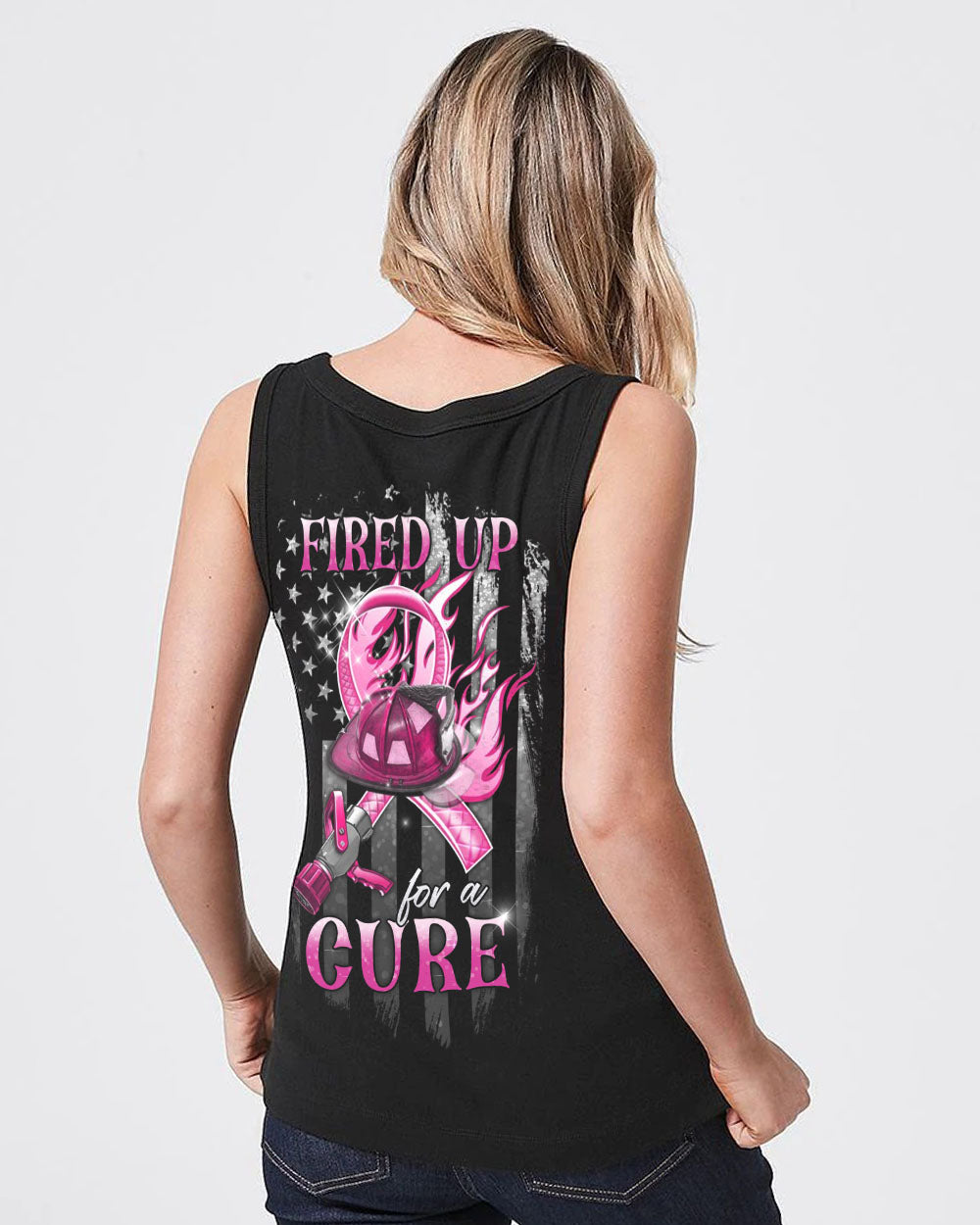 Fired Up For A Cure Flag Women's Breast Cancer Awareness Tanks