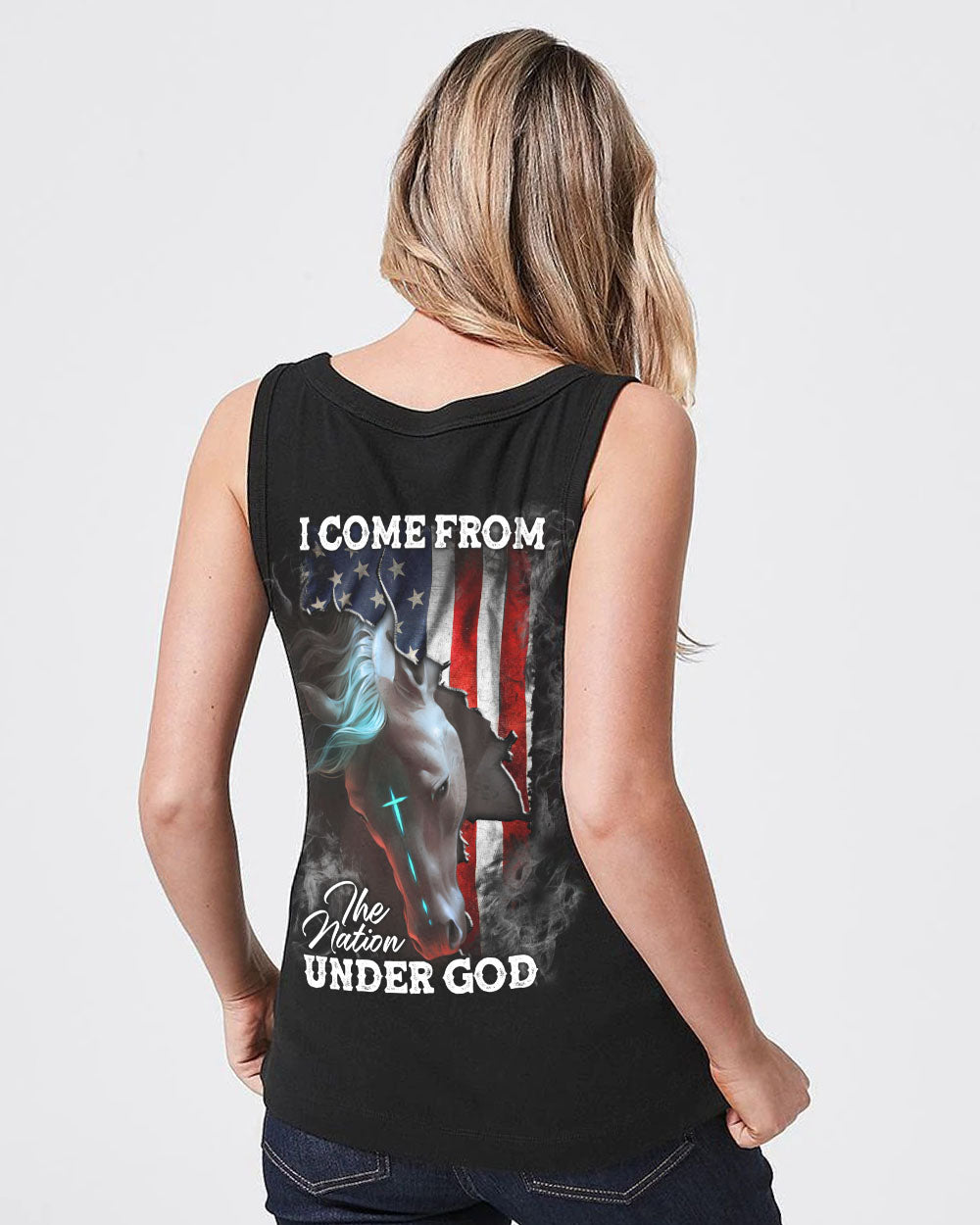 I Come From The Nation Under God Horse Flag Smoke Women's Christian Tanks