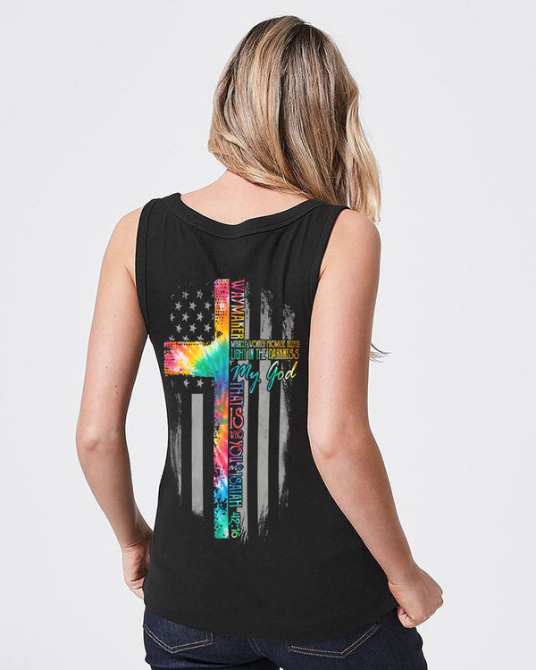 Way Maker Miracle Worker Tie Dye Flag Cross Women's Christian Tanks