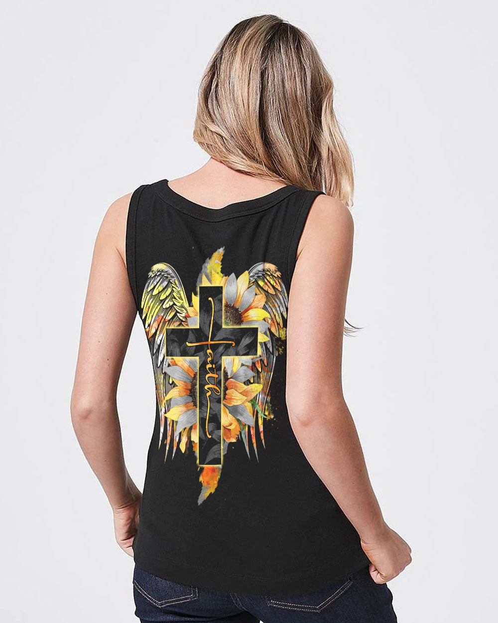 Faith Sunflower Wings Watercolor Women's Christian Tanks