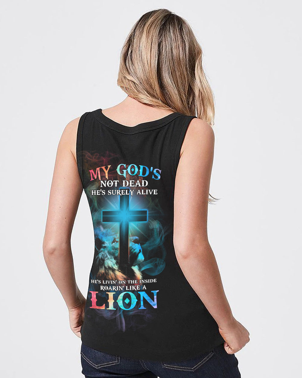 My God's Not Dead He's Surely Alive Lion Cross Light Smoke Women's Christian Tanks