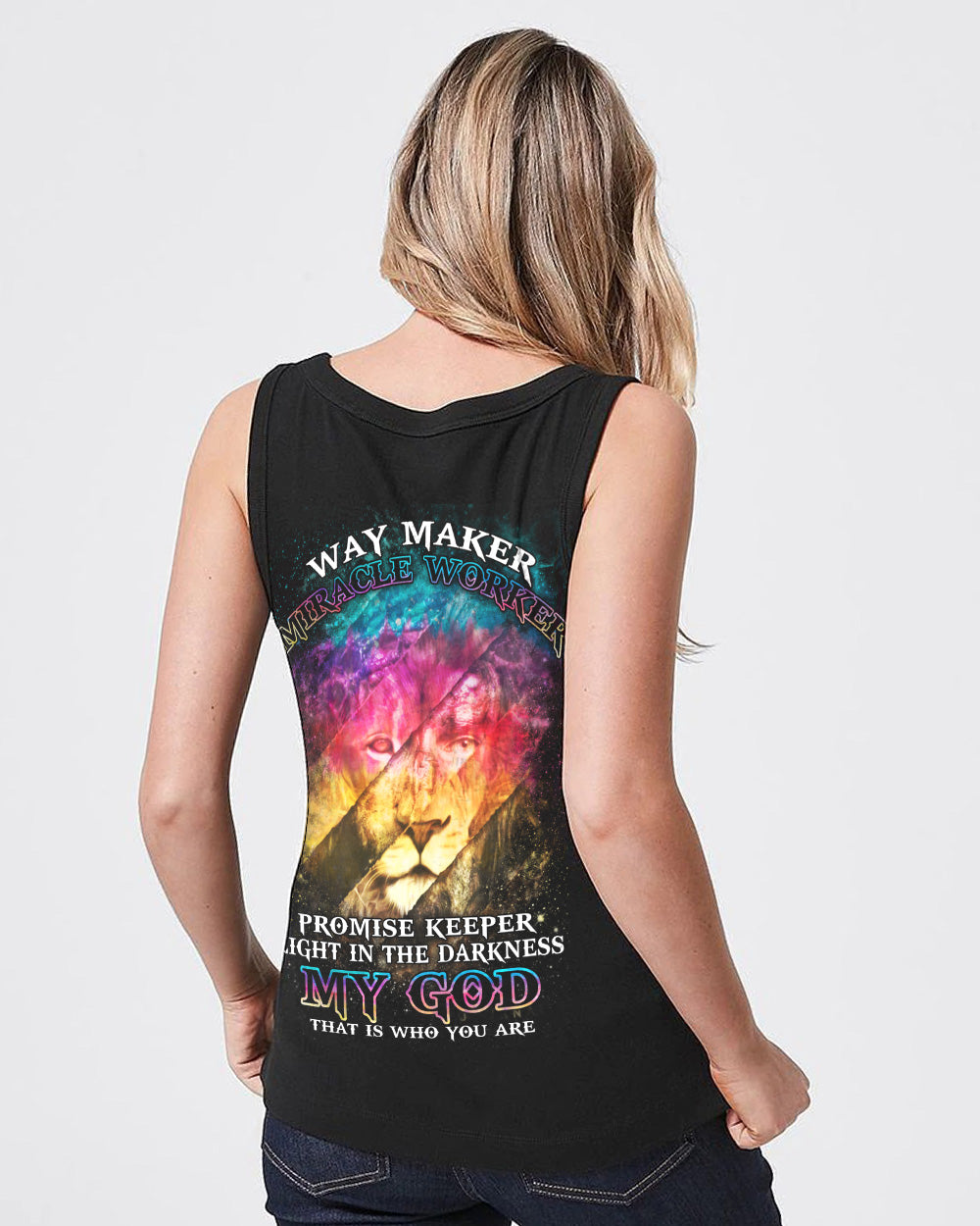 Way Maker Miracle Worker Lion Inside Art Colorful Women's Christian Tanks
