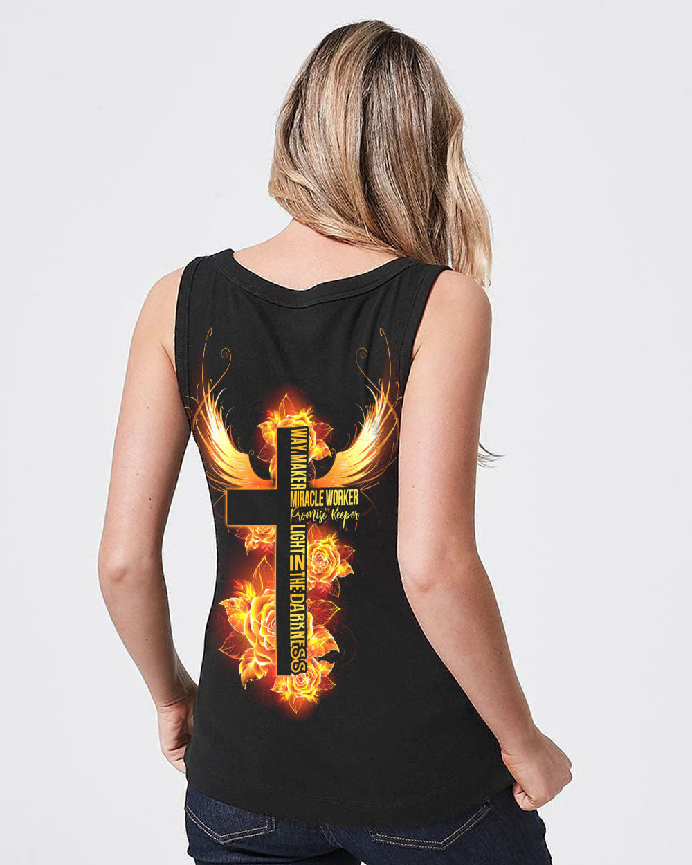 Way Maker Miracle Worker Gold Rose Cross Women's Christian Tanks