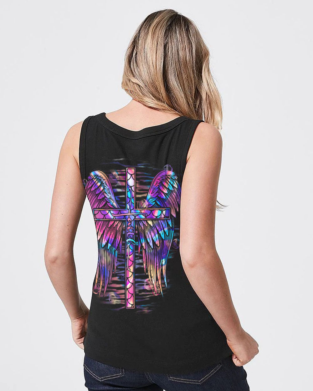 Faith Cross Wings Mermaid Hologram Texture Women's Christian Tanks