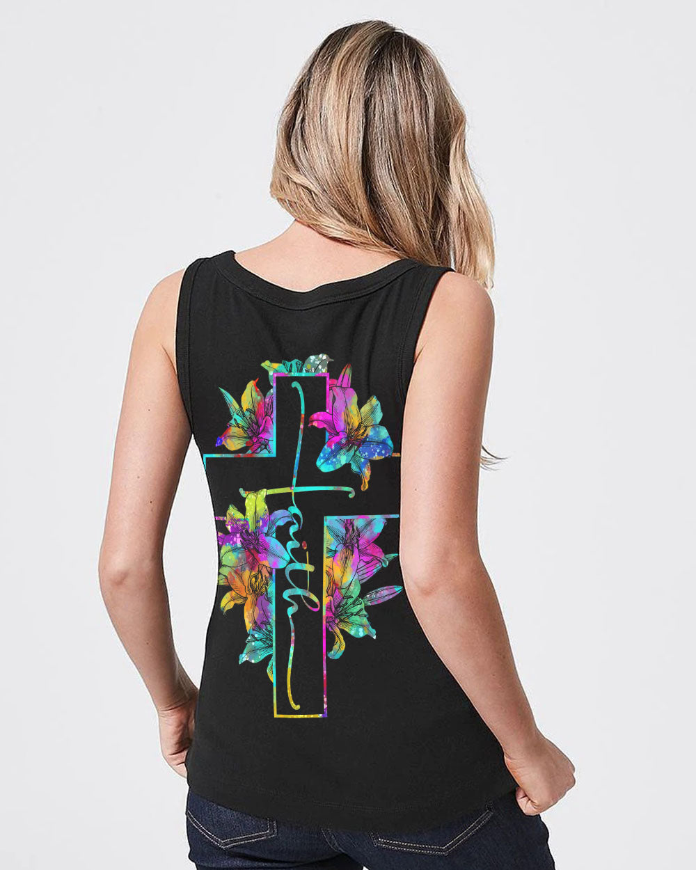 Cross With Lilies Colorful Watercolor Women's Christian Tanks