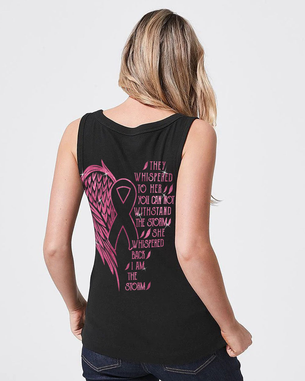 They Whispered To Her You Cannot Withstand The Storm Half Wing Ribbon Women's Breast Cancer Awareness Tanks