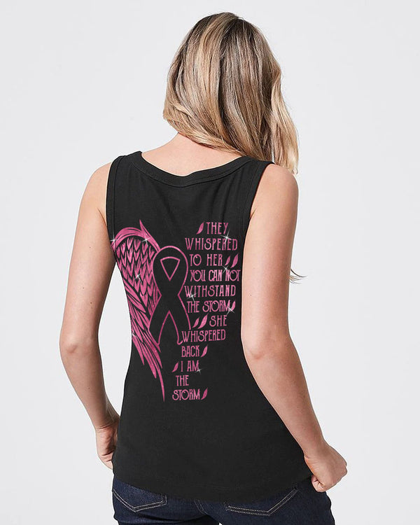 They Whispered To Her You Cannot Withstand The Storm Half Wing Ribbon Women's Breast Cancer Awareness Tanks