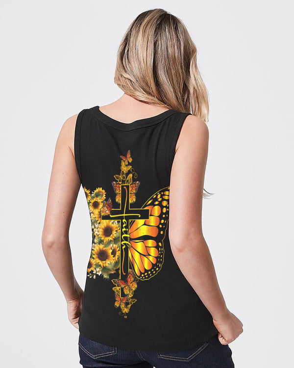 Cross Sunflower Half Butterflies Faith Women's Christian Tanks