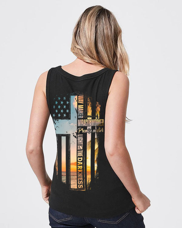 Way Maker Miracle Worker Sunset Beach Flag Half Cross Women's Christian Tanks