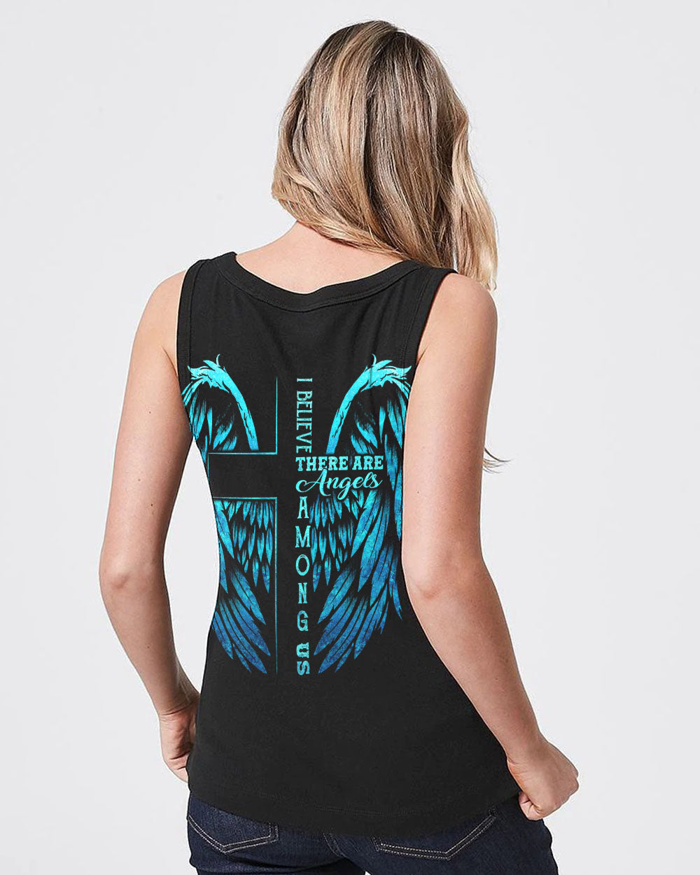 I Believe There Are Angles Among Us Cross Light Wings Women's Christian Tanks