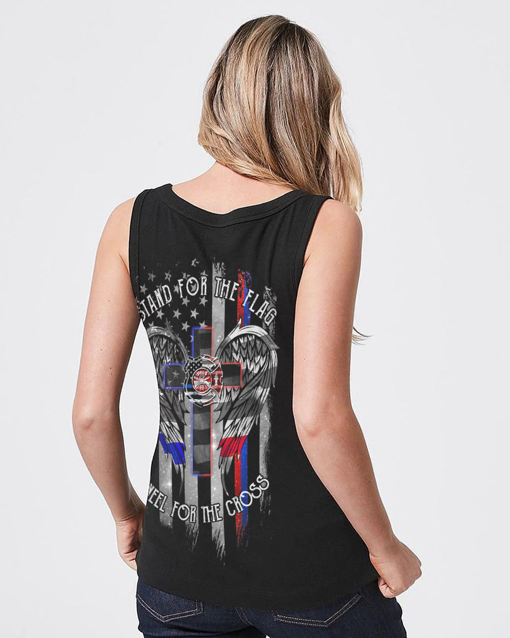 Stand For The Flag Kneel For The Cross Back The Brave Firefighter Women's Christian Tanks