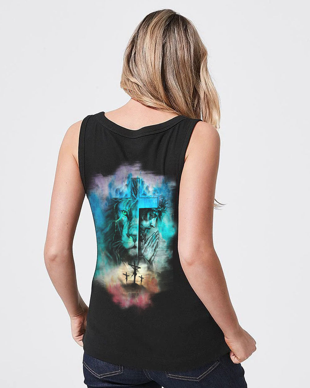 Jesus Lion Cross Colorful Watercolor Women's Christian Tanks