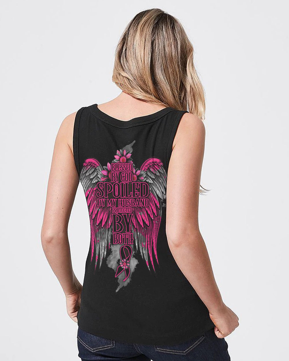 Blessed By God Spoiled By My Husband Women's Breast Cancer Awareness Tanks
