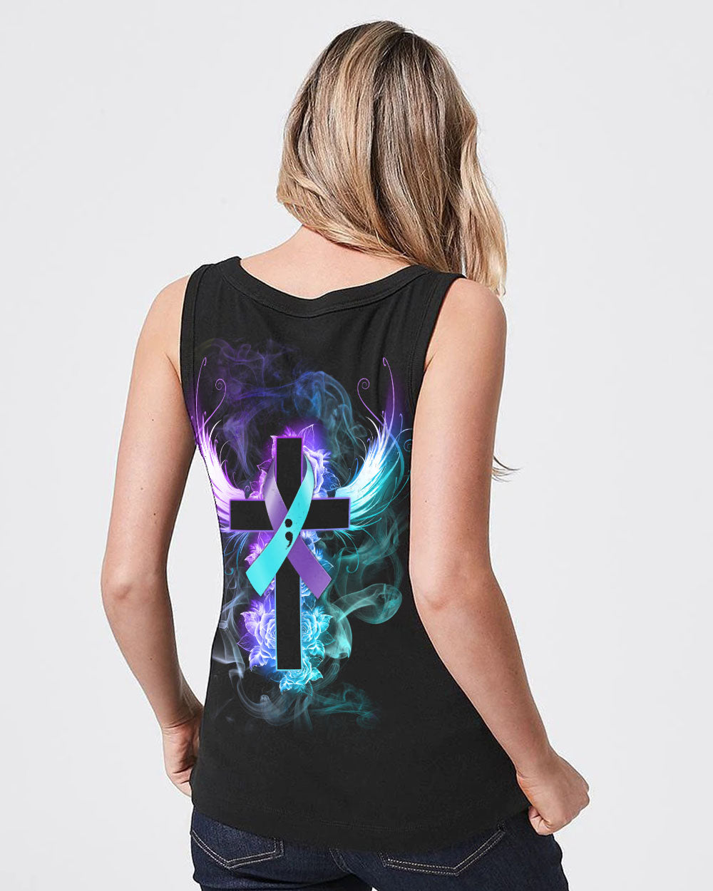 Blue Purple Wing Rose Cross Smoke Women's Christian Tanks