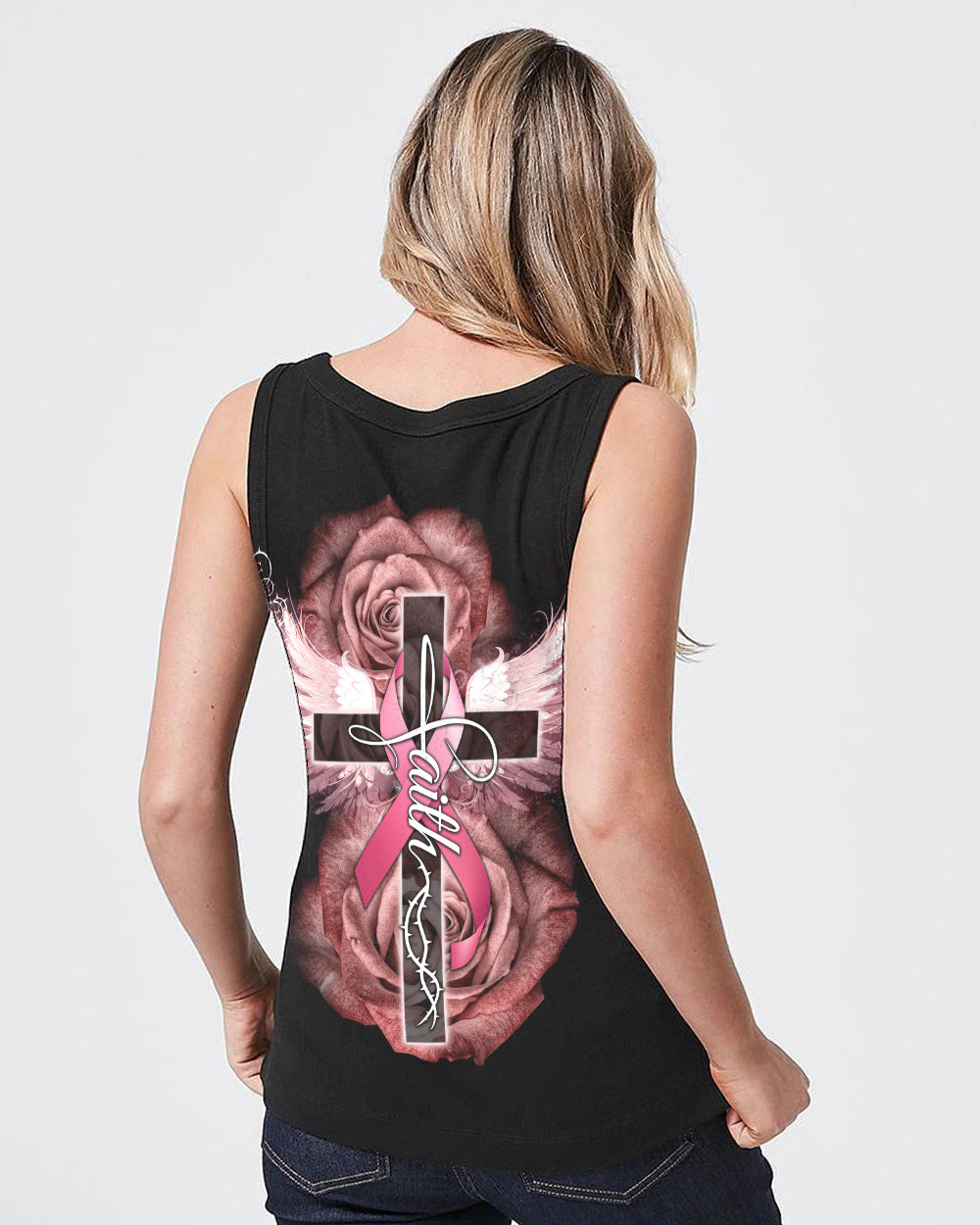 Faith Rose Cross Ribbon Wings Women's Christian Tanks