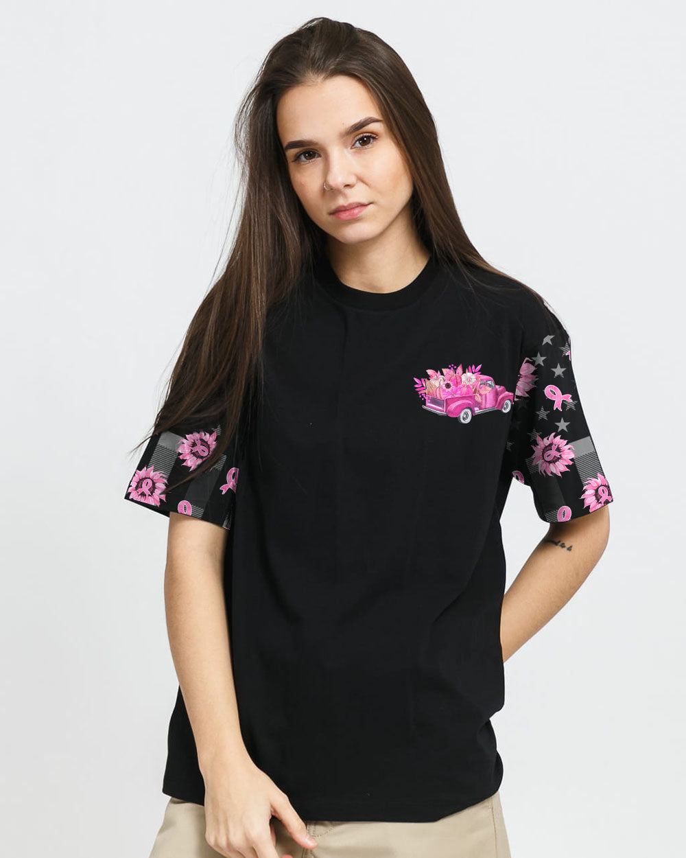 In October We Wear Pink Truck Flag Women's Breast Cancer Awareness Tshirt