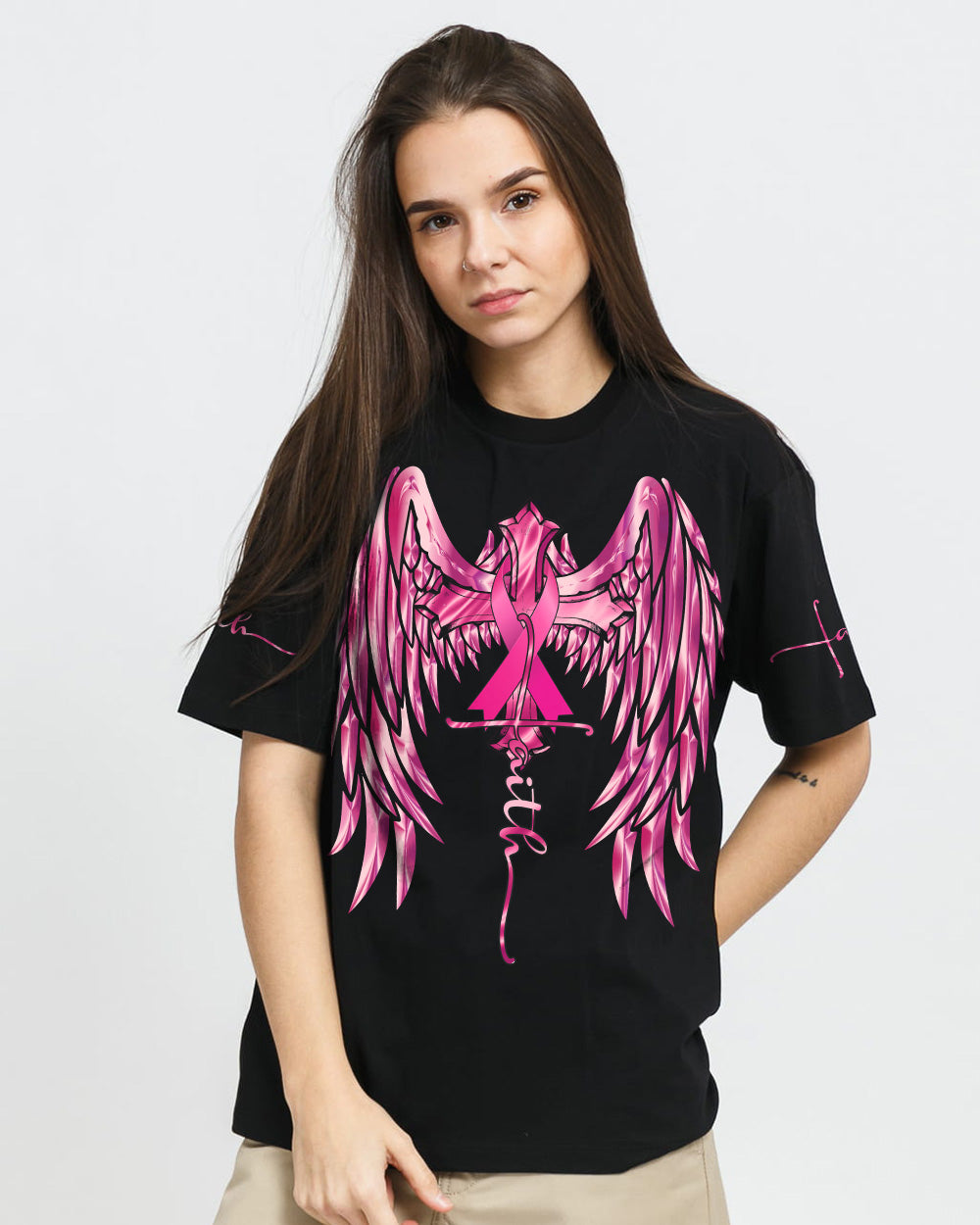 Pink Faith Wings Cross Women's Breast Cancer Awareness Tshirt